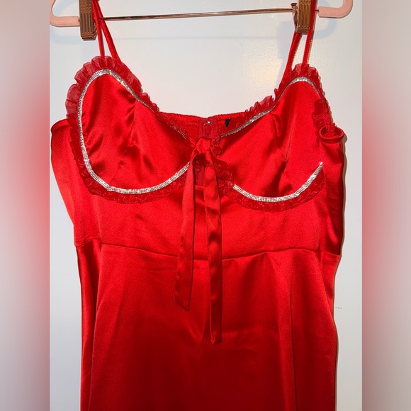 Satin Rhinestone Babydoll Mini Dress - Picture 3 of 6